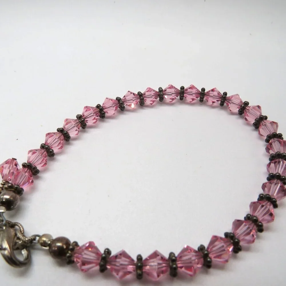 Vintage Pink Crystal Bead Bracelet Metal Spacer Beads‎ Extender